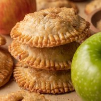 Three apple hand pies stacked on top of each other.