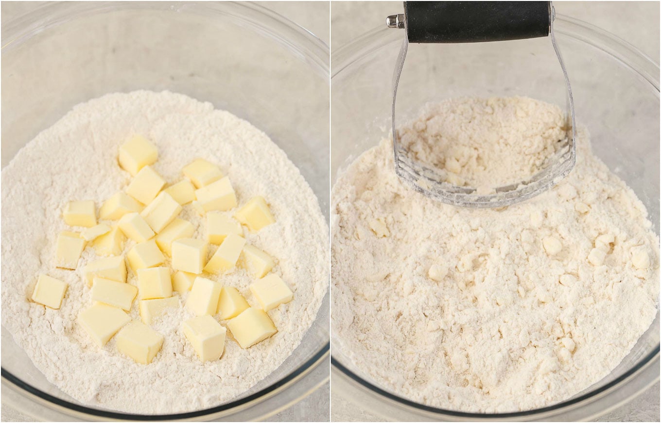 Process shot showing how to cut butter into flour. 