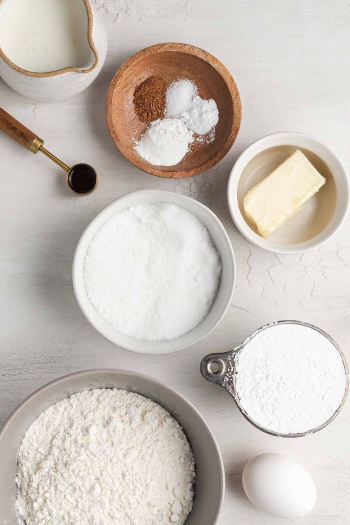 An overhead view of the ingredients needed to make this baked donut recipe. 