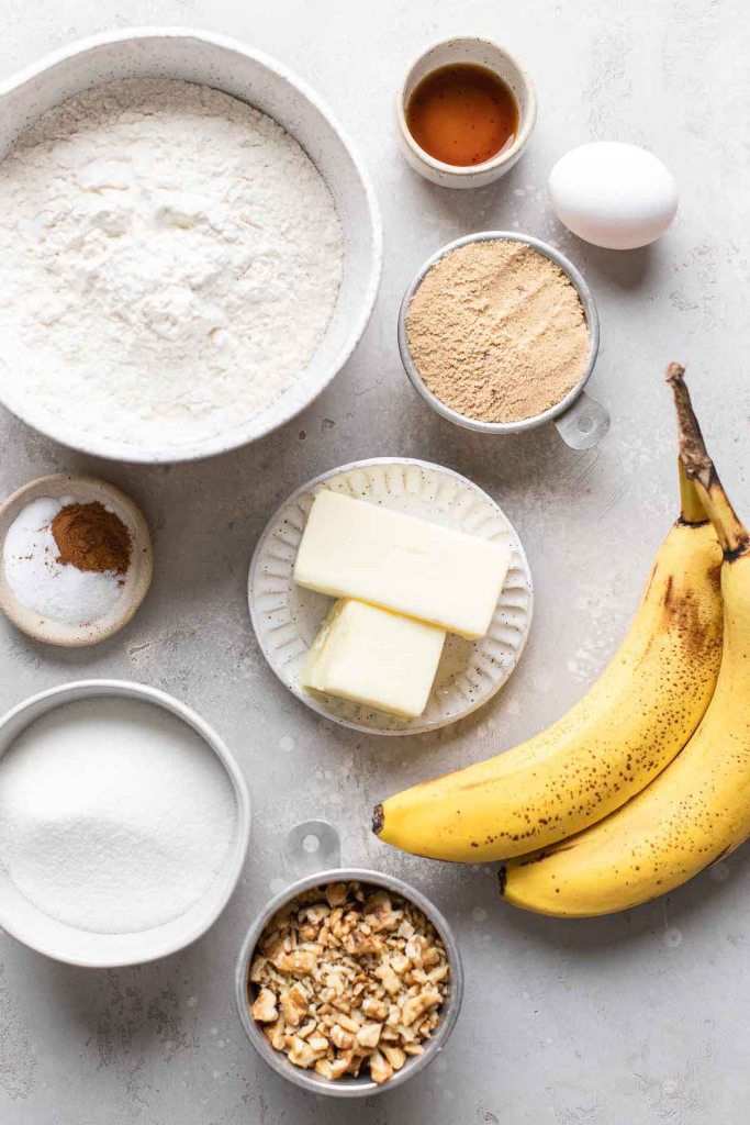 An overhead view of the ingredients needed to make banana cookies. 