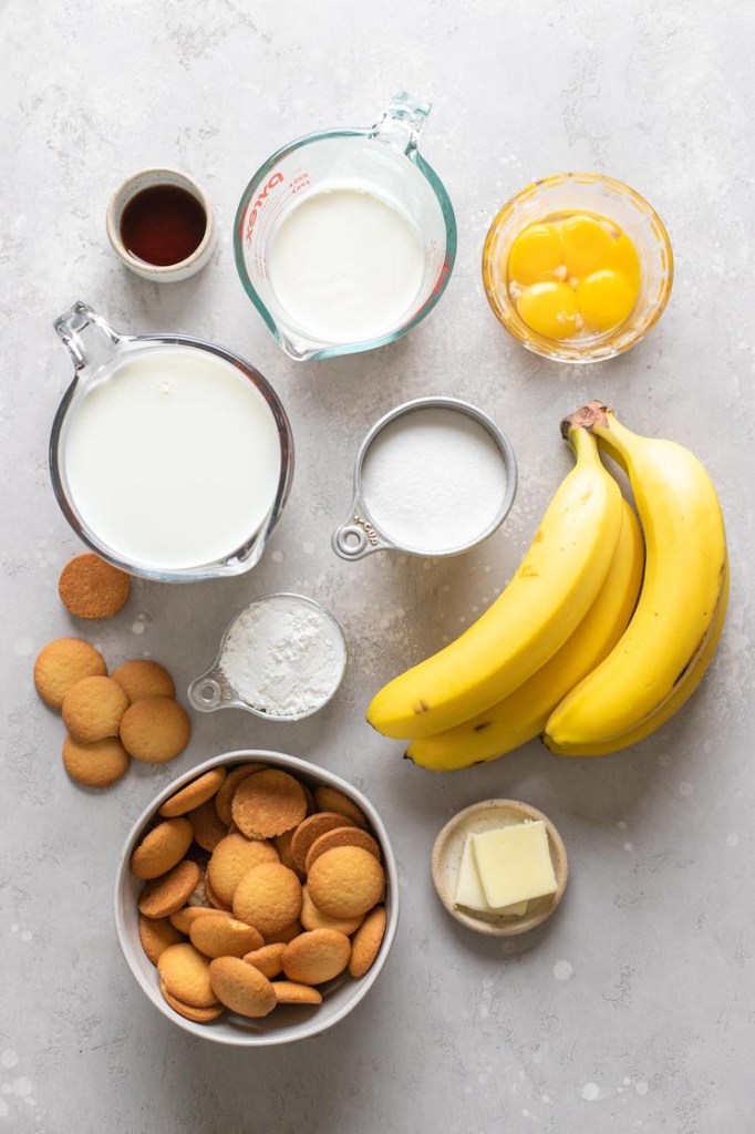 Overhead view of the ingredients needed to make homemade banana pudding. 