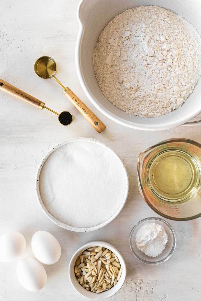 An overhead view of the ingredients needed to make homemade biscotti. 