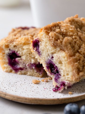 A side view of two slices of blueberry coffee cake on a speckled plate. Fresh blueberries rest in the foreground.