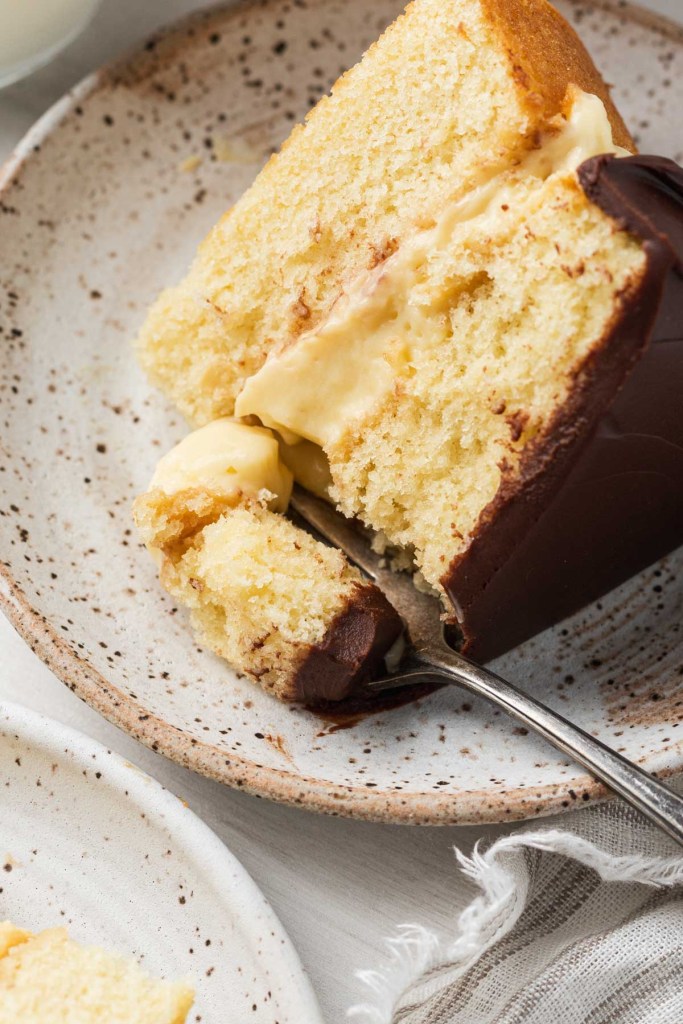 A slice of Boston cream pie on a speckled white plate. 