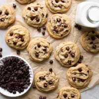 Brown butter chocolate chip cookies laid out on a brown piece of parchment paper.