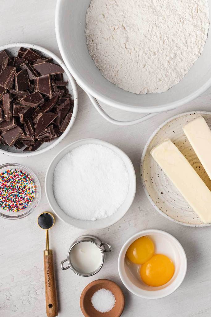 An overhead view of the ingredients needed to make the best butter cookies. 