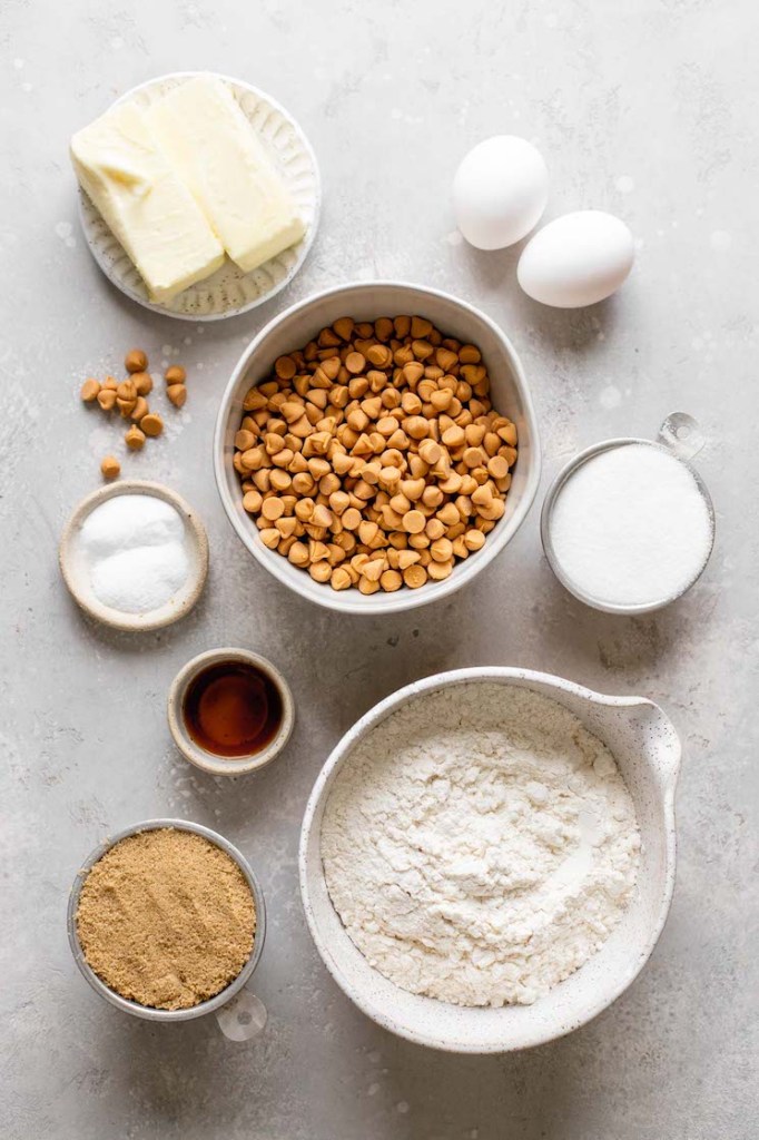 An overhead view of the ingredients needed to make butterscotch cookies. 