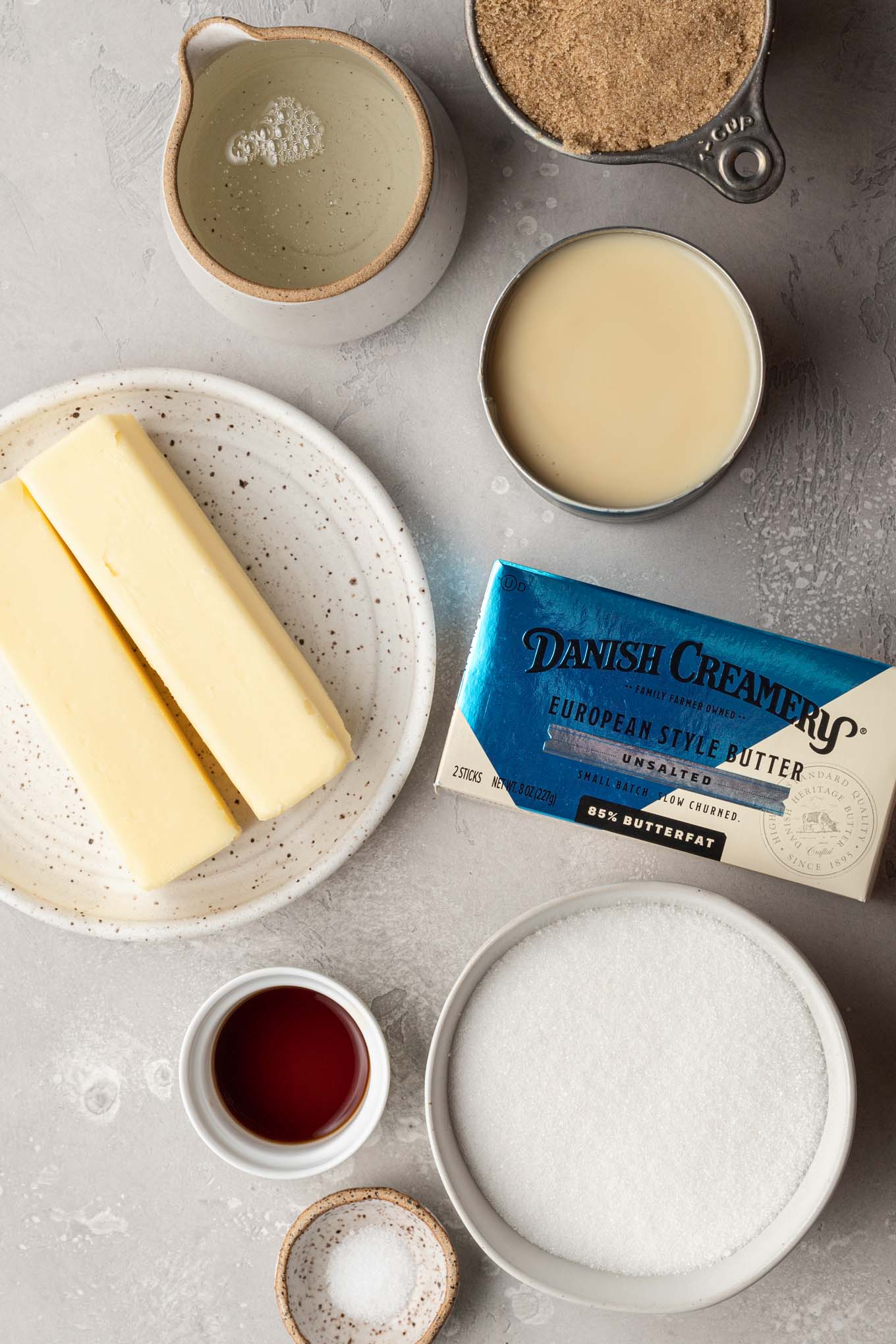 An overhead view of the ingredients needed to make homemade caramels.