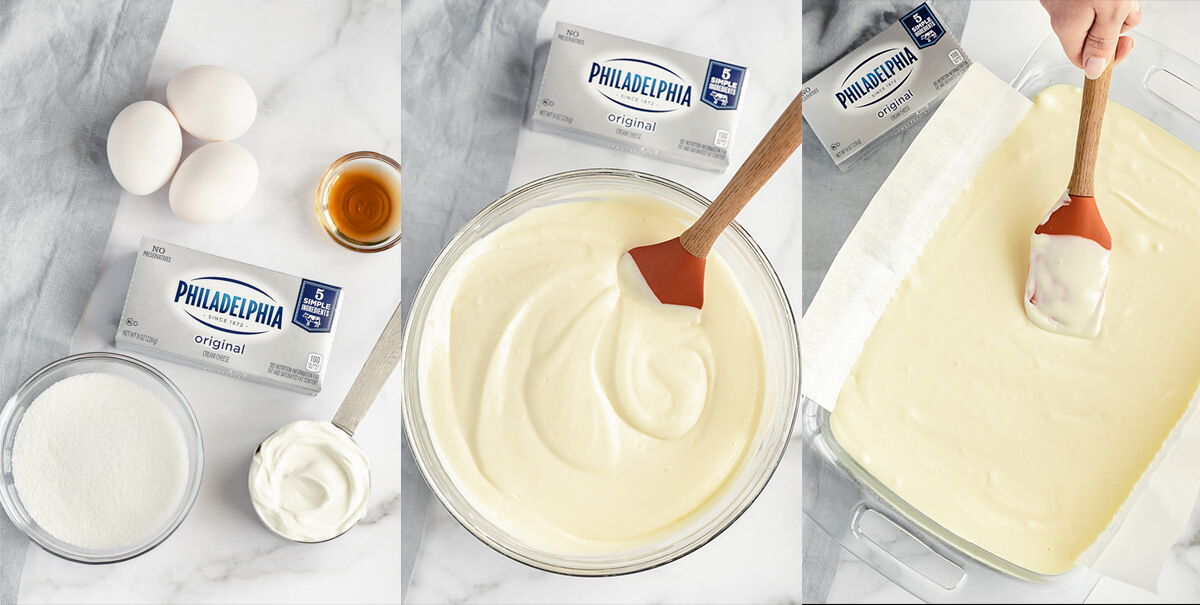 A collage image of the ingredients and steps to make the cheesecake layer.