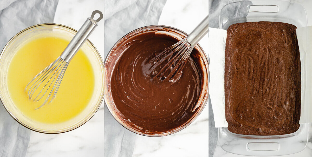 A collage image of the steps taken to make the fudge brownie layer.