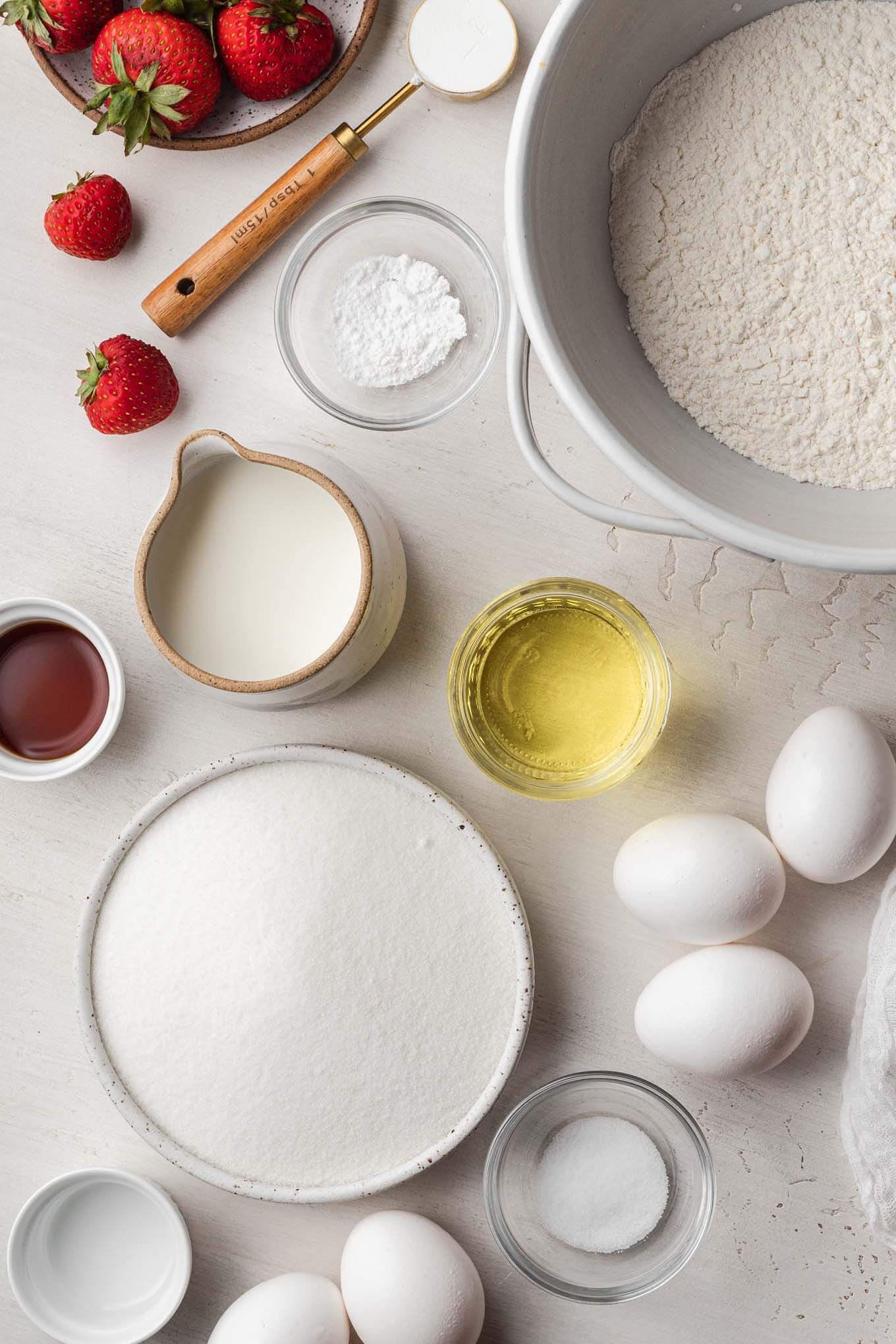 Overhead view of ingredients needed for vanilla chiffon cake. 