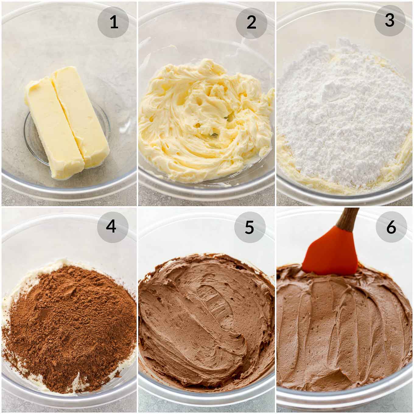 A step by step photo collage showing how to make the best chocolate buttercream frosting.