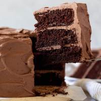 A single piece of a layered chocolate cake being removed showing the different layers.