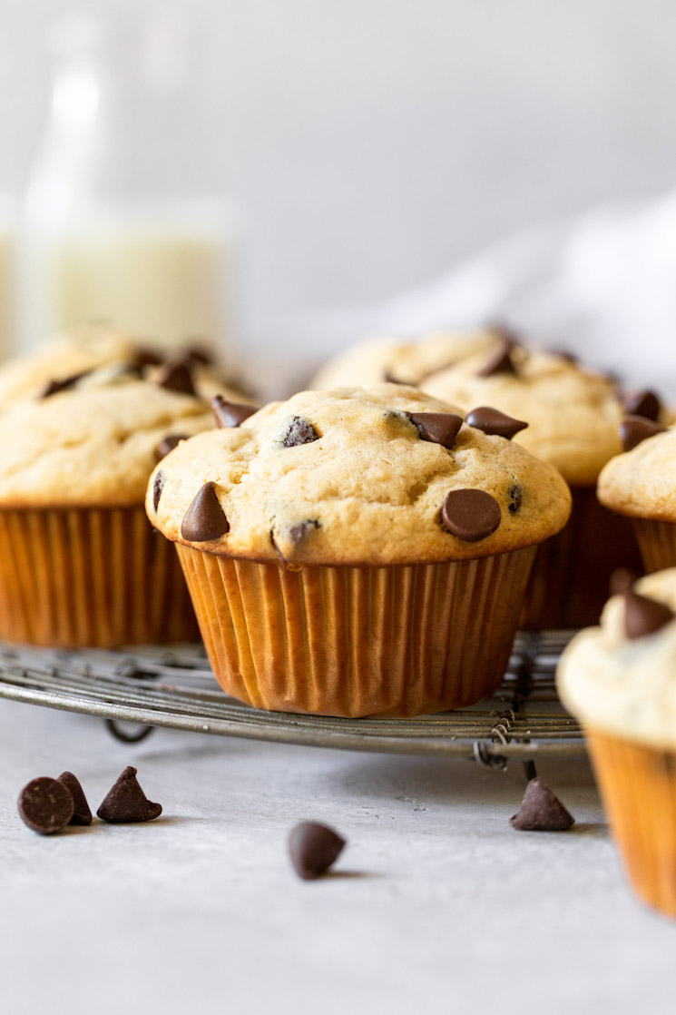 A group of chocolate chip muffins cooling on a round antique cooling rack.