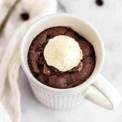 A chocolate mug cake with a scoop of ice cream on top.