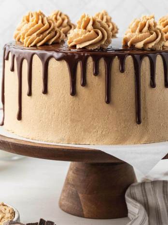 A chocolate peanut butter cake on a wooden cake stand. The cake is topped with a chocolate ganache drip and swirls of peanut butter frosting.