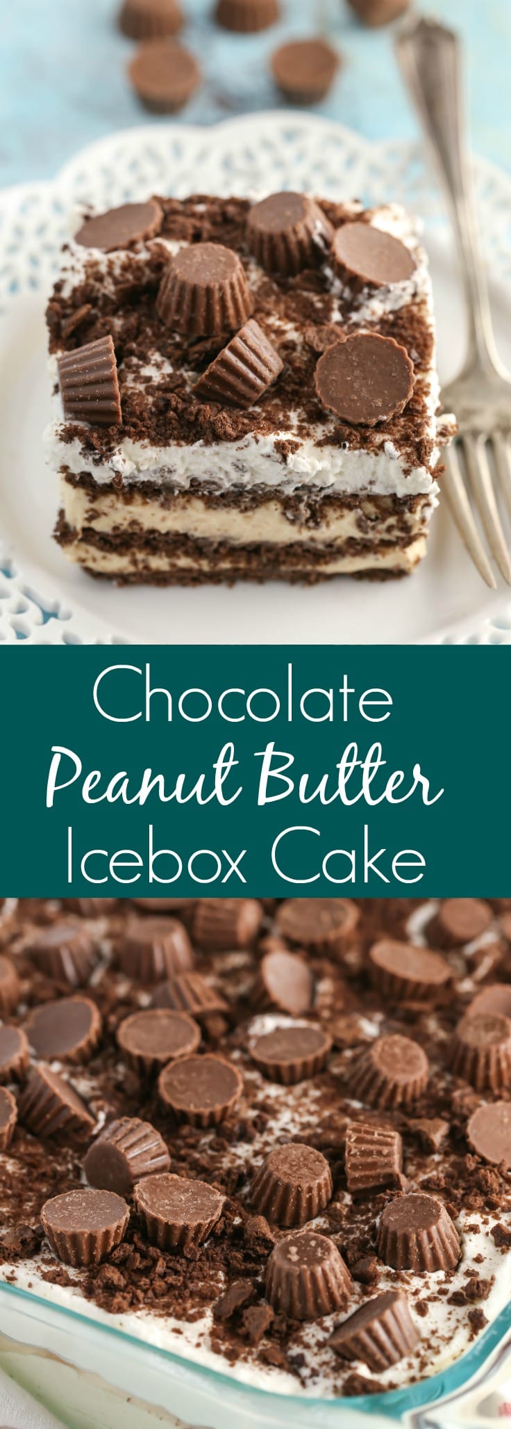 Layers of chocolate graham crackers and a creamy peanut butter filling topped off with whipped cream and mini peanut butter cups! This Chocolate Peanut Butter Icebox Cake is an easy and delicious no-bake dessert.