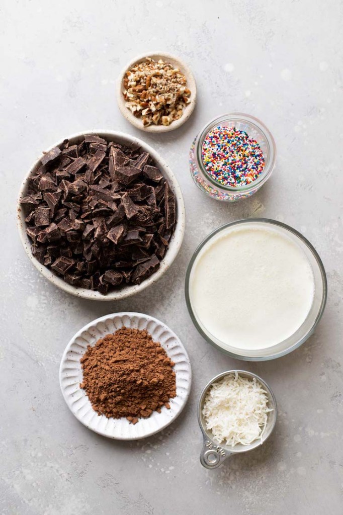 Overhead view of the ingredients needed to make the best chocolate truffles. 