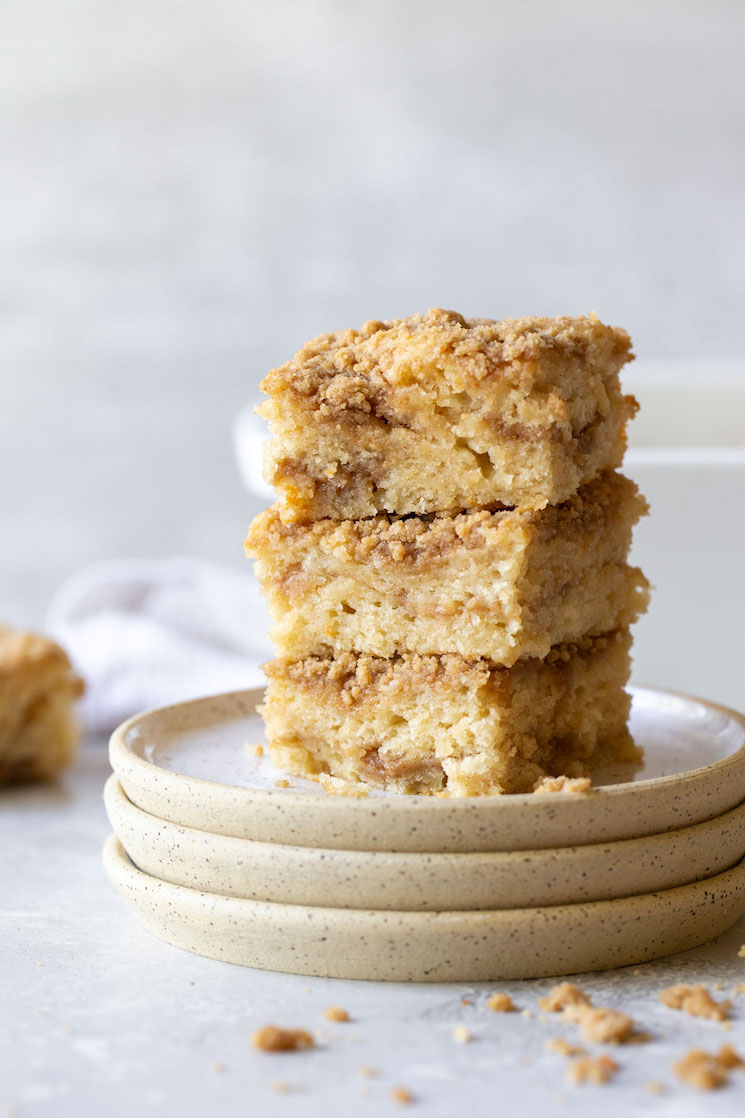 A stack of coffee cake pieces showing the different layers.