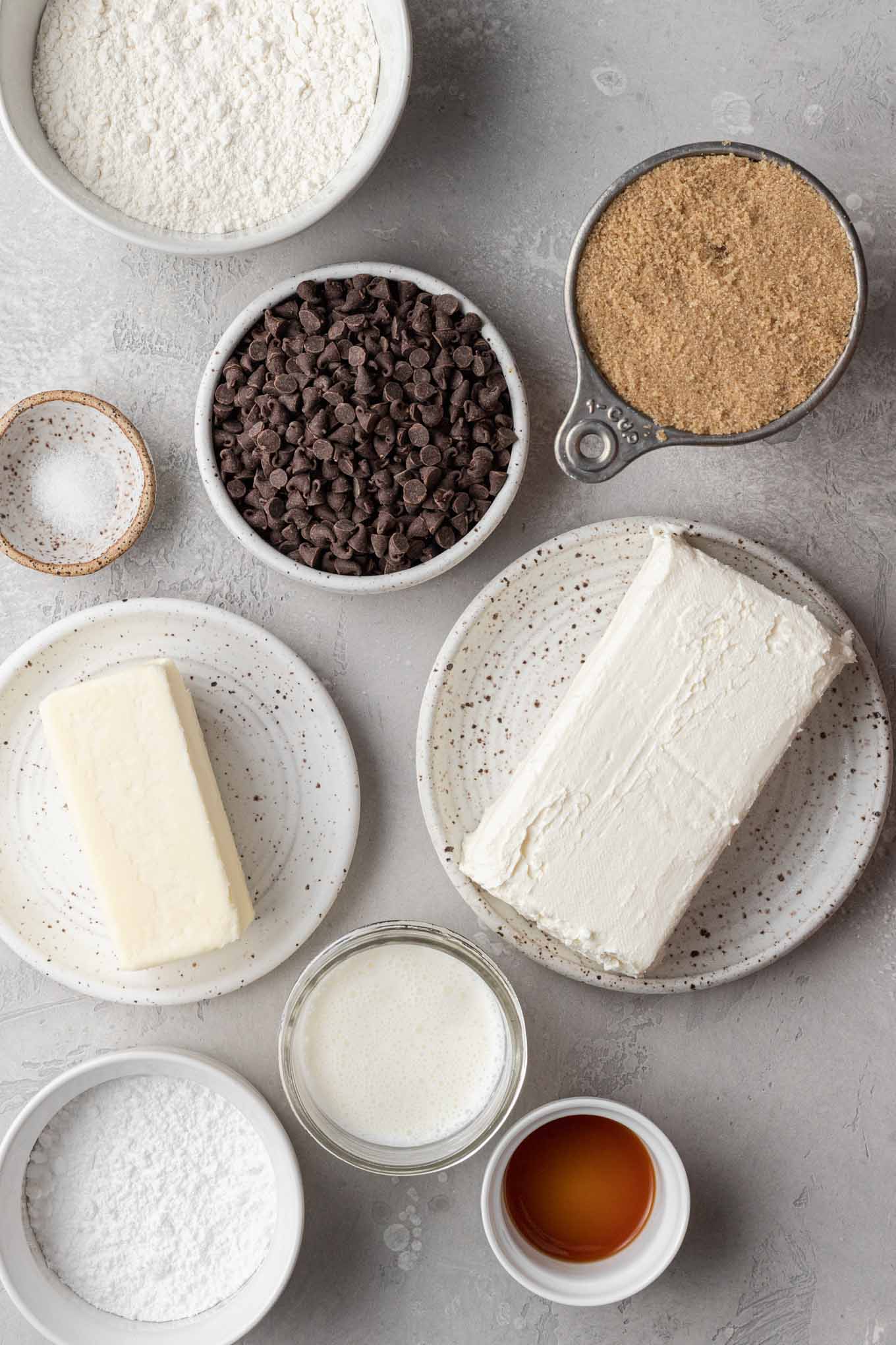 An overhead view of the ingredients for cream cheese cookie dough dip. 