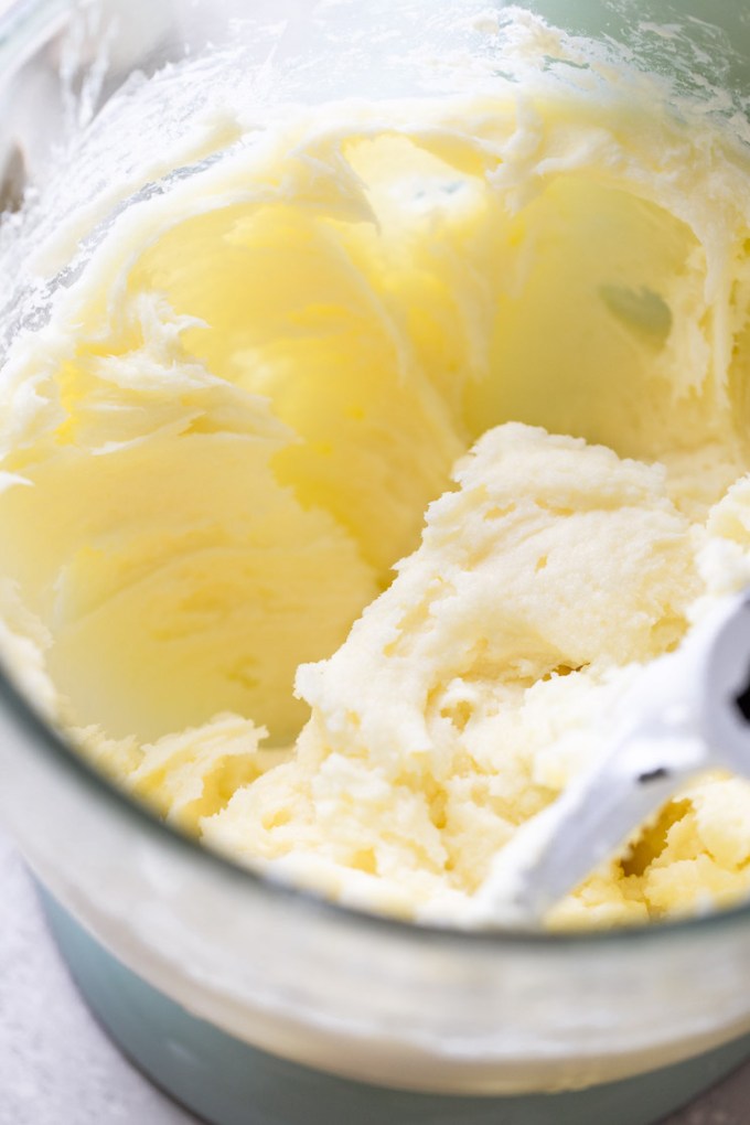 Butter and sugar creamed together in a stand mixer.