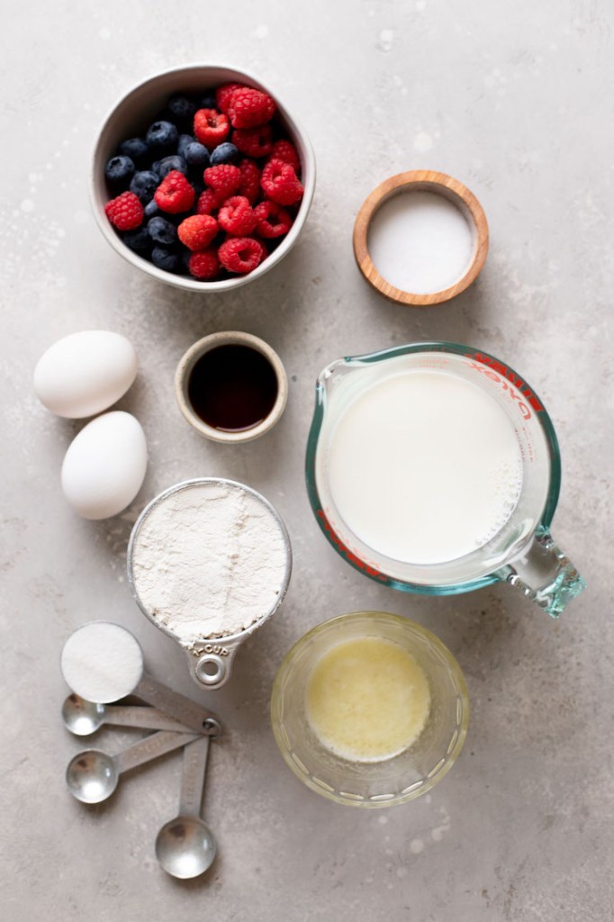 Overhead view of the ingredients needed to make crepes from scratch. 