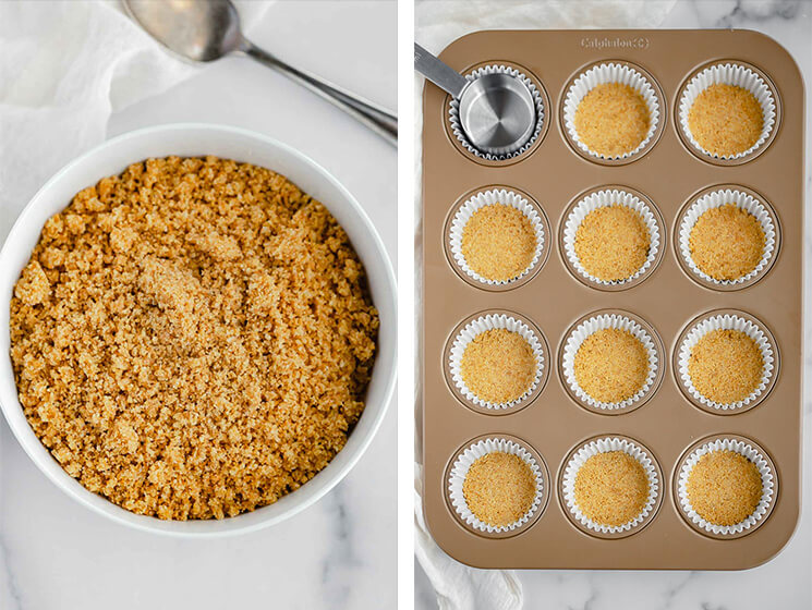 A collage image of the graham cracker crust mixed up in a bowl and pressed into a muffin pan.