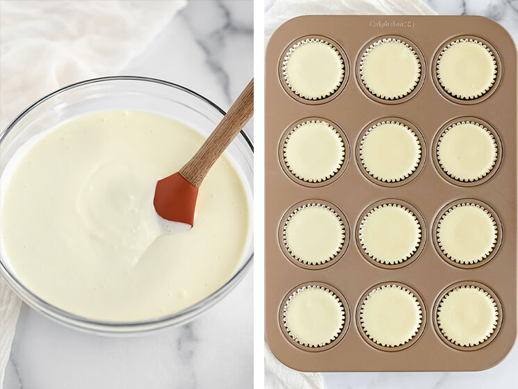 A collage image of the cheesecake filling in a bowl and baked in a muffin pan.