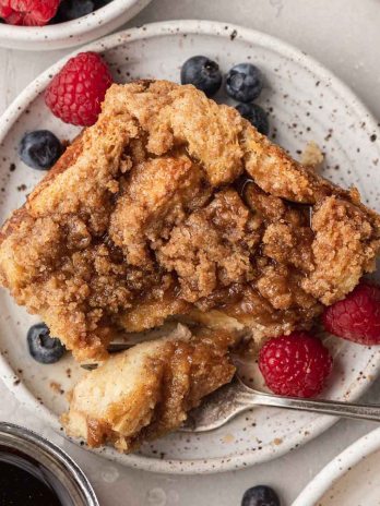 An overhead view of a slice of French toast casserole.