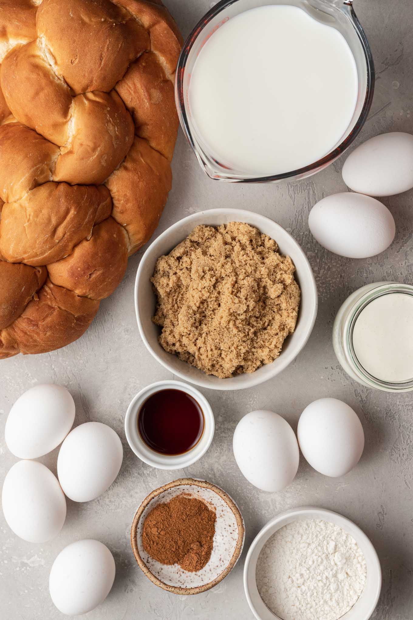 An overhead view of the ingredients needed to make overnight baked french toast casserole. 