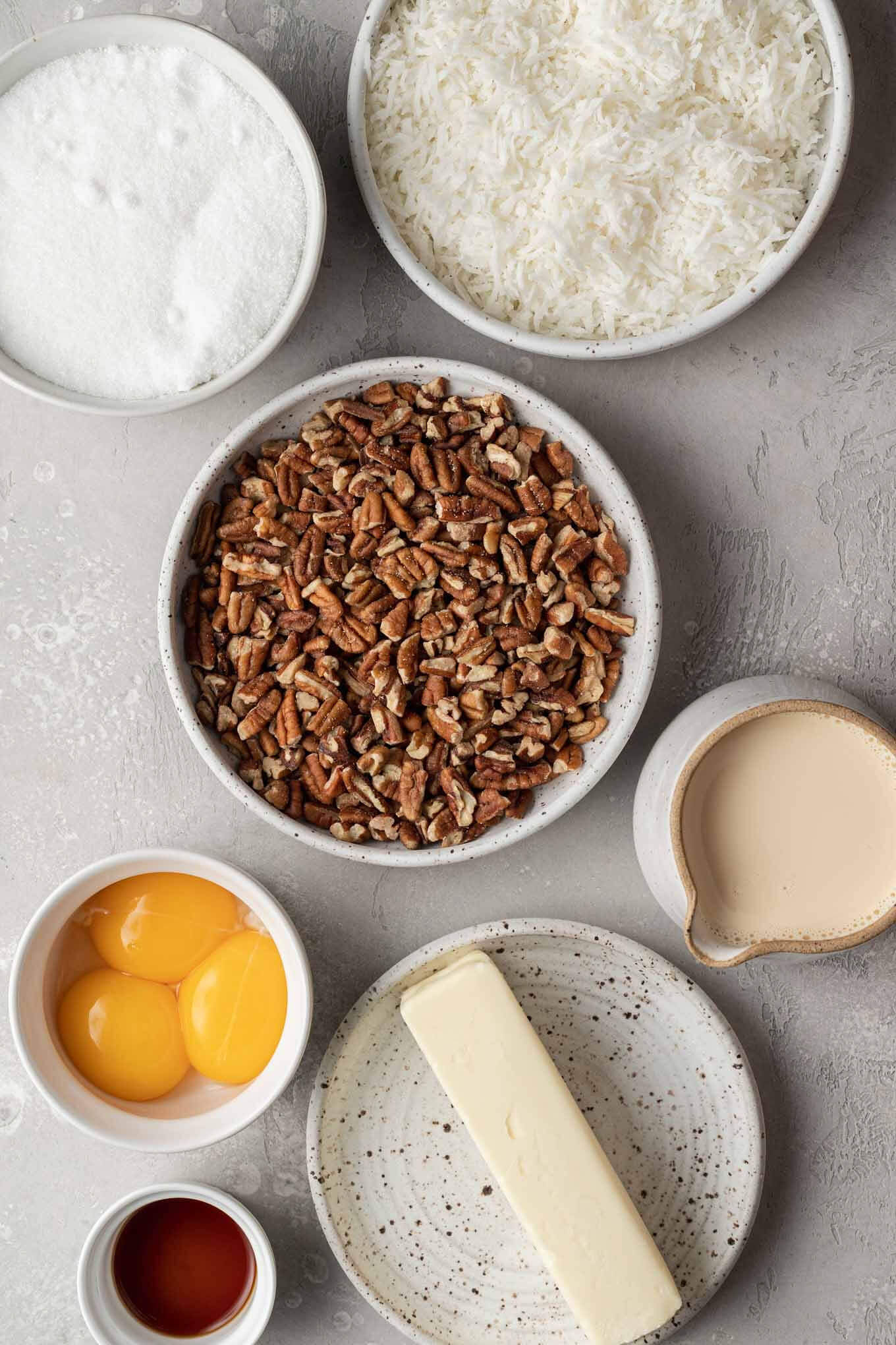 An overhead view of the ingredients needed for German chocolate cake frosting. 