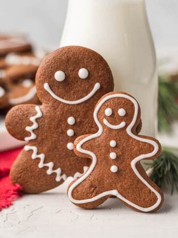 Two iced gingerbread cookies propped up a against a small jug of milk. More cookies rest on a plate in the background.