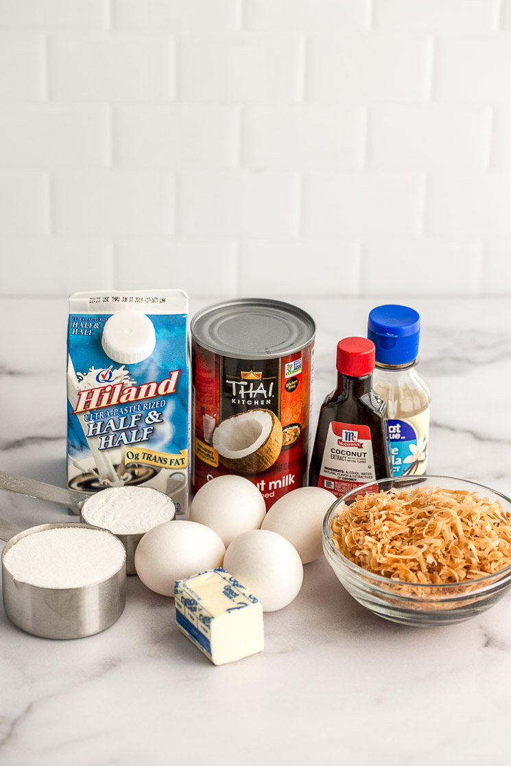 The ingredients needed for a homemade coconut cream pie.