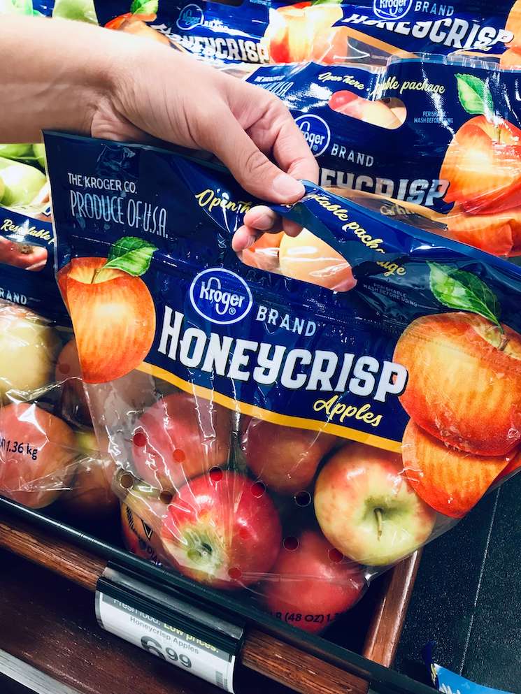 A picture of several bags of Honeycrisp apples.