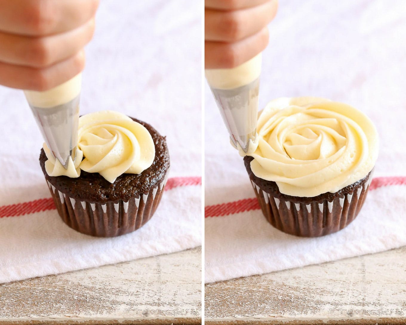 Learn to prepare your piping bag, the easiest way to fill your bag, and how to frost cupcakes like a pro with this easy piping tutorial!