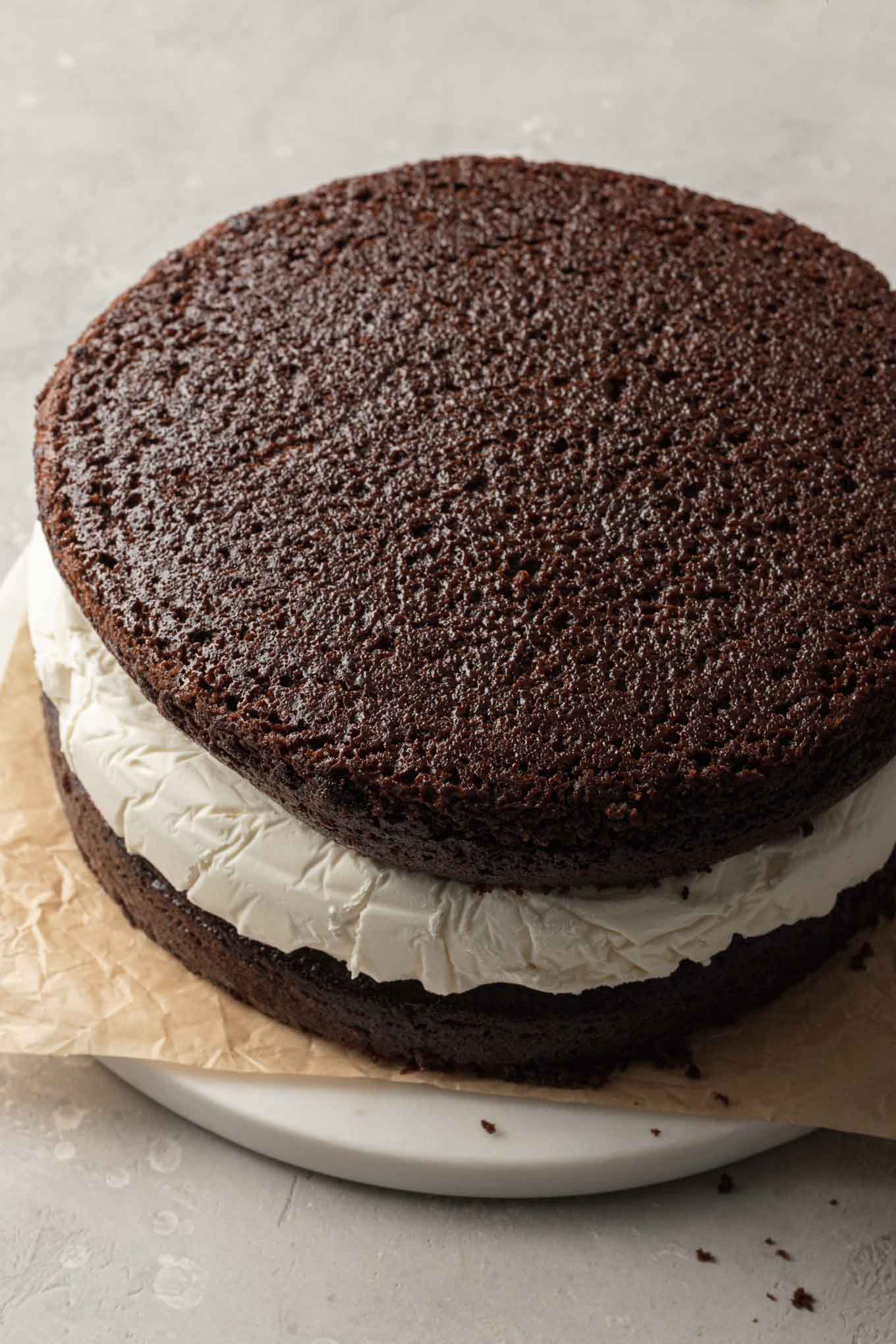 An overhead view of the cake before the frosting has been added.