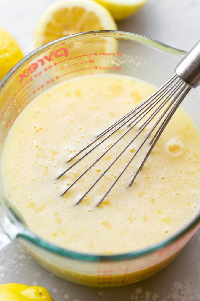 All of the ingredients for lemon curd mixed together and ready to be put into the microwave.