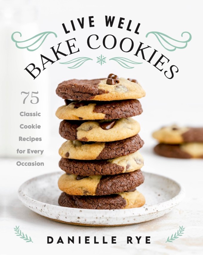 A stack of cookies with text over the top that says Live Well Bake Cookies.