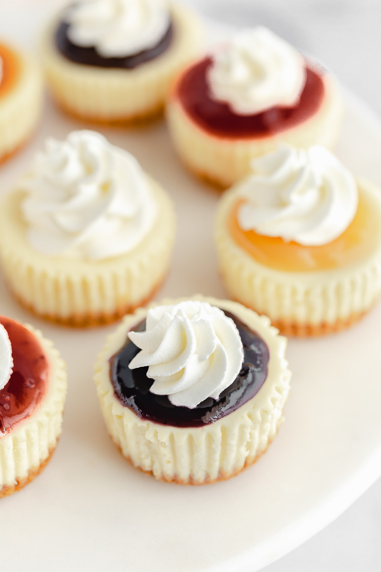 A close up image of mini cheesecakes showing the different toppings on them.