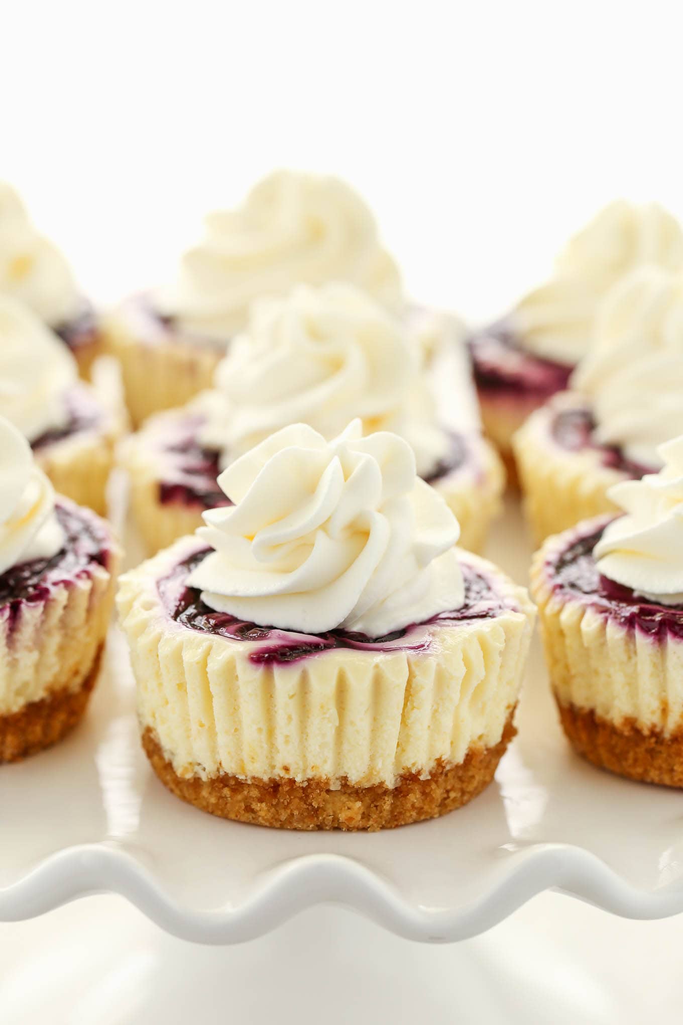 Side view of lemon blueberry cheesecake bites topped with whipped cream on a white cake stand. 