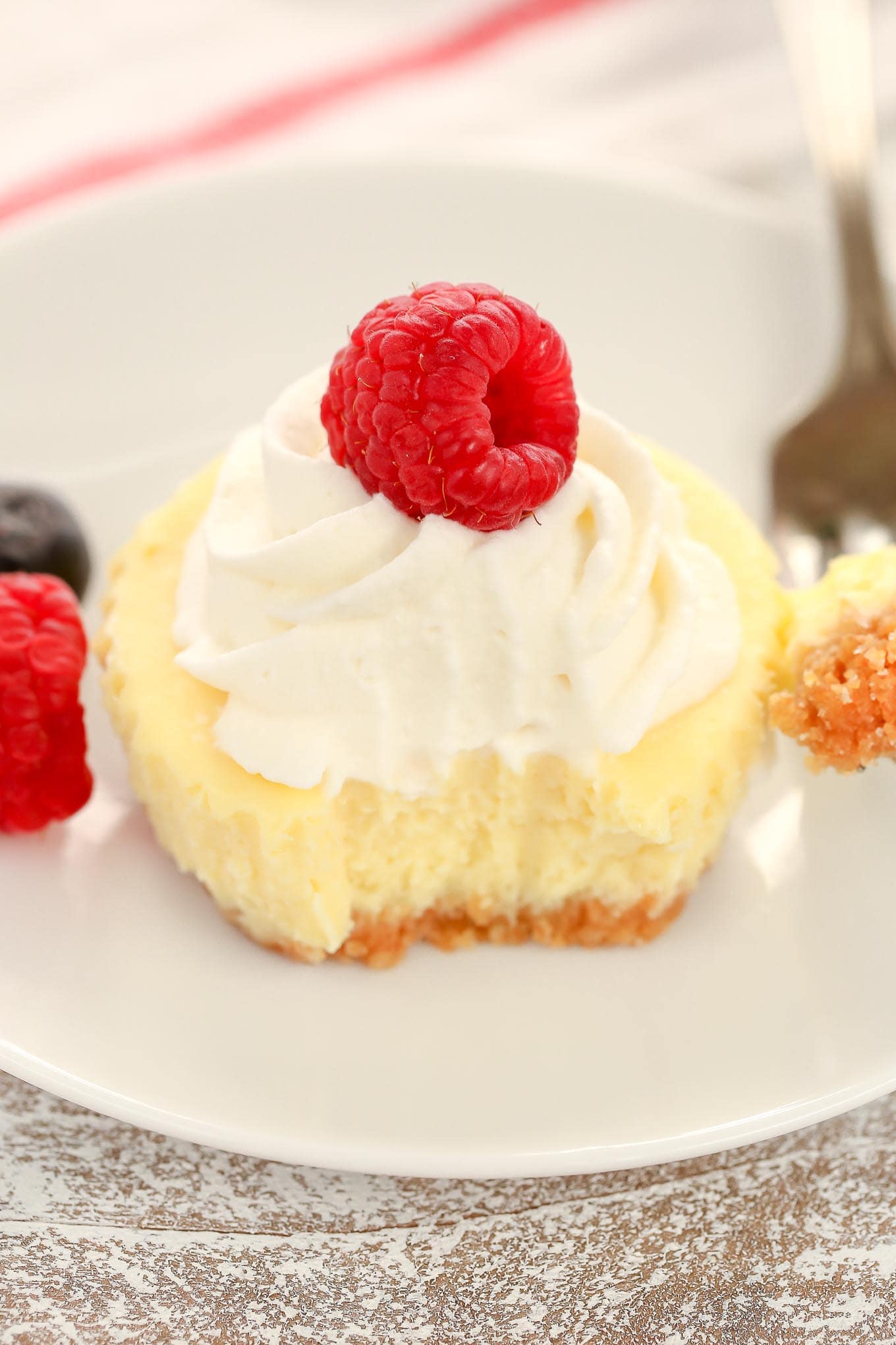 A mini lemon cheesecake garnished with whipped cream and a fresh raspberry. A bite is missing from the cheesecake. 