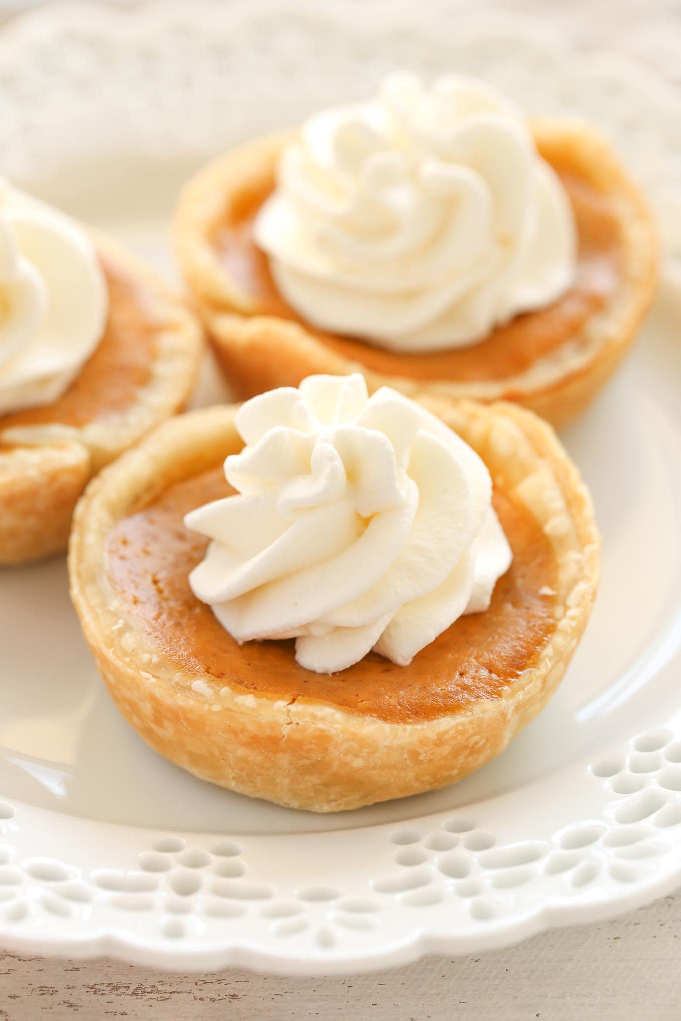 A side view of three mini pumpkin pies topped with whipped cream.