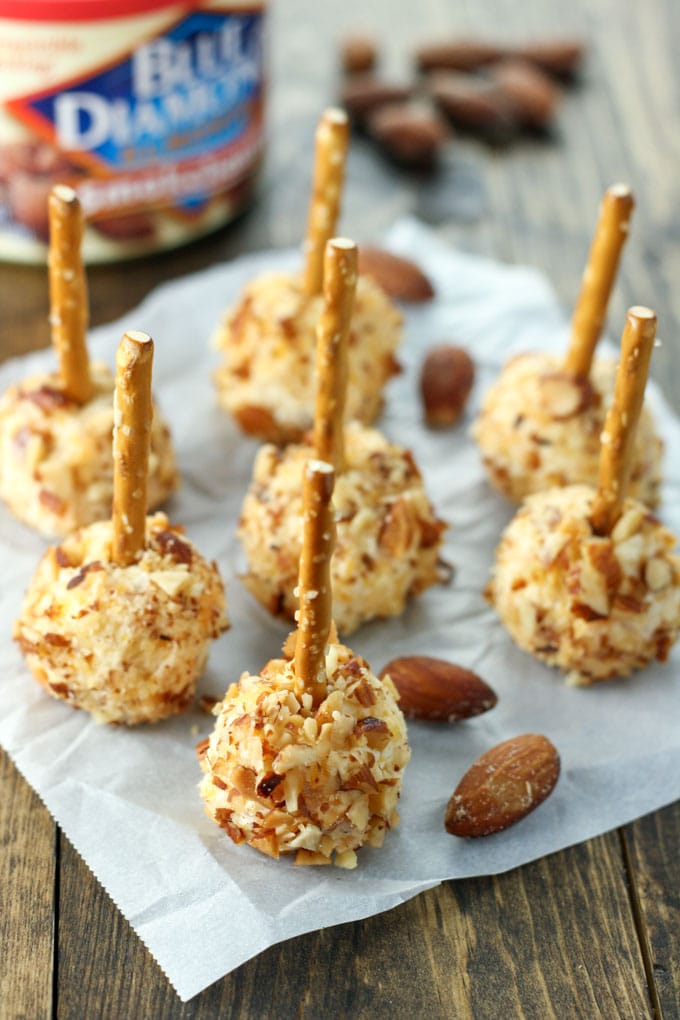 Easy to make mini cheese balls coated in Blue Diamond Smokehouse Almonds. These make a great football or holiday party appetizer!