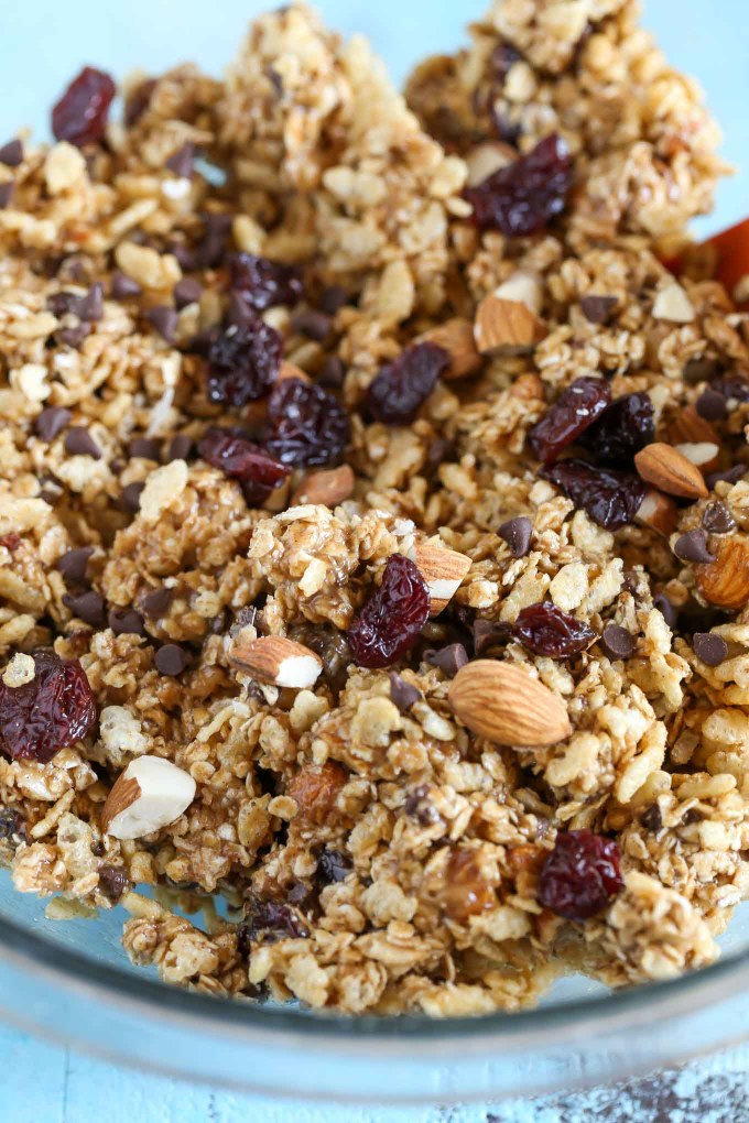 Healthy homemade granola bar mixture in a bowl. 