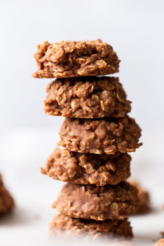 A stack of several no-bake cookies.