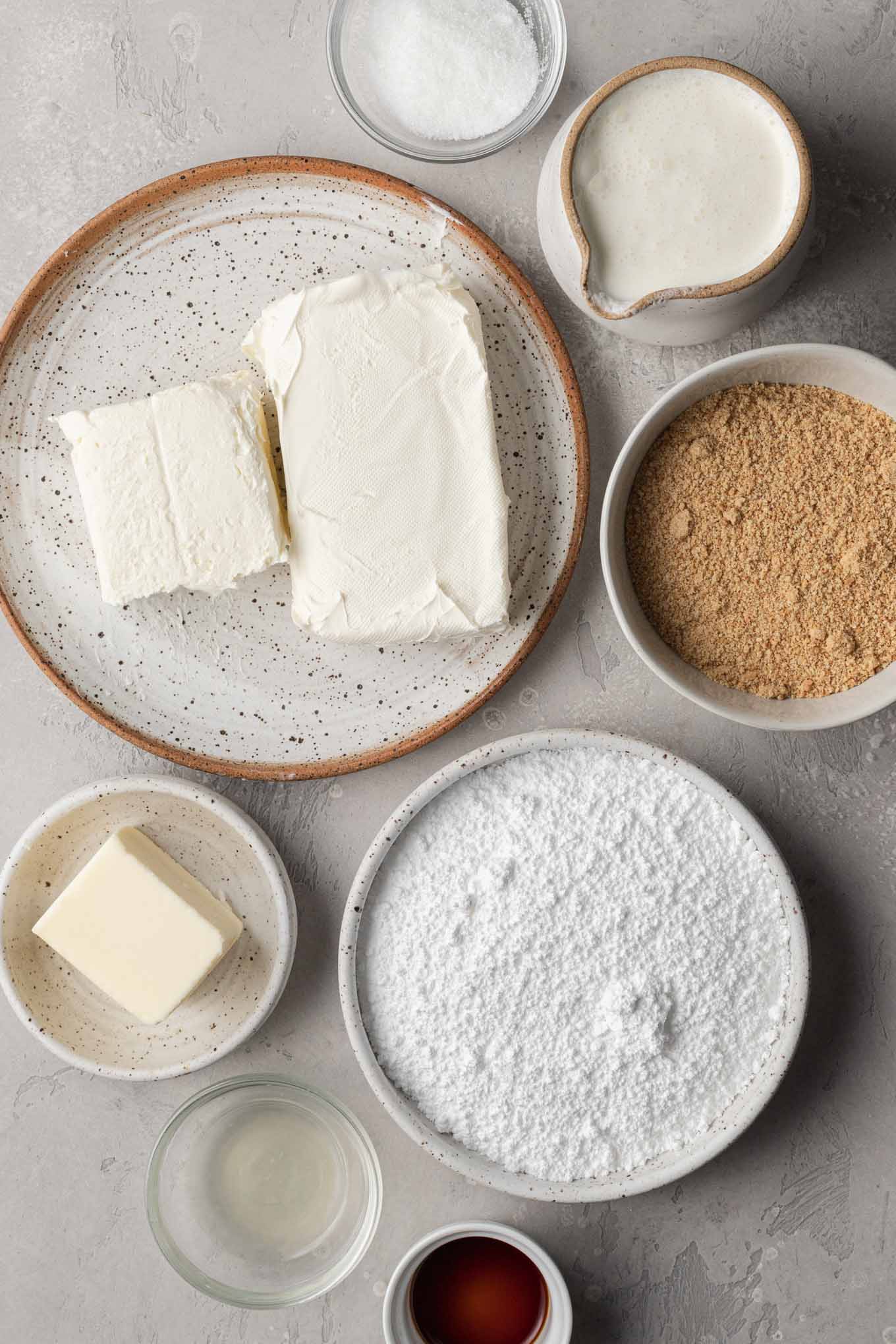 An overhead view of the ingredients in no bake mini cheesecakes. 