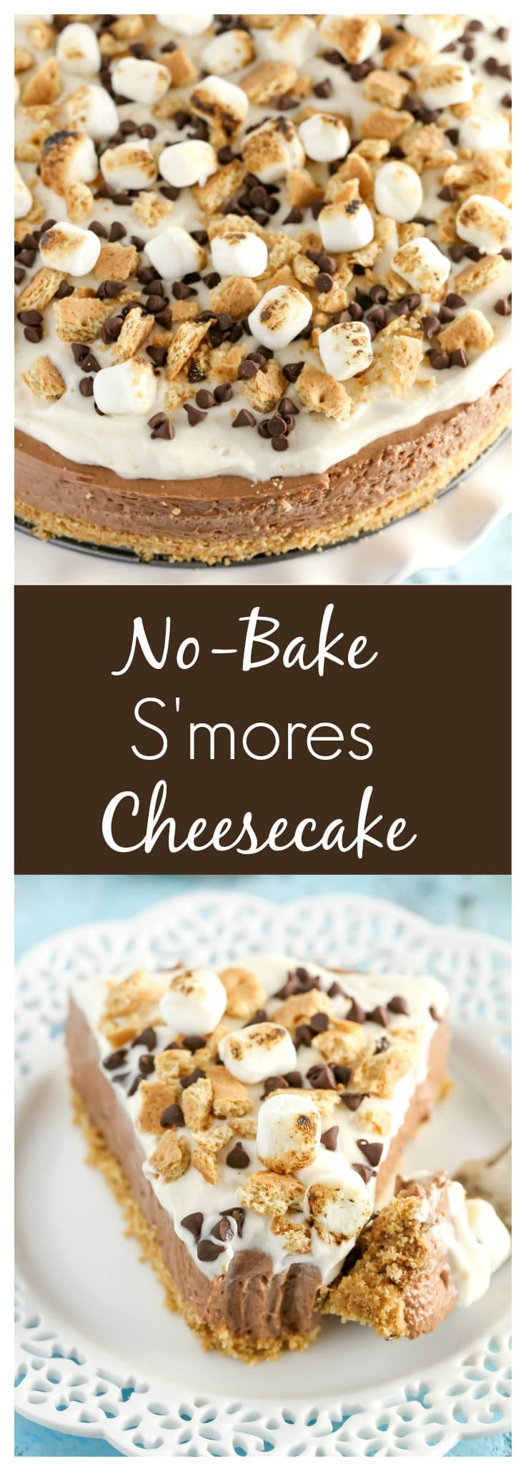 A homemade graham cracker crust topped with a no-bake chocolate cheesecake filling and marshmallow fluff whipped cream. This No-Bake S'mores Cheesecake is the ultimate summer dessert!