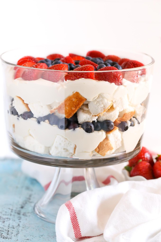 Side view of a large berry trifle in a glass trifle dish. 