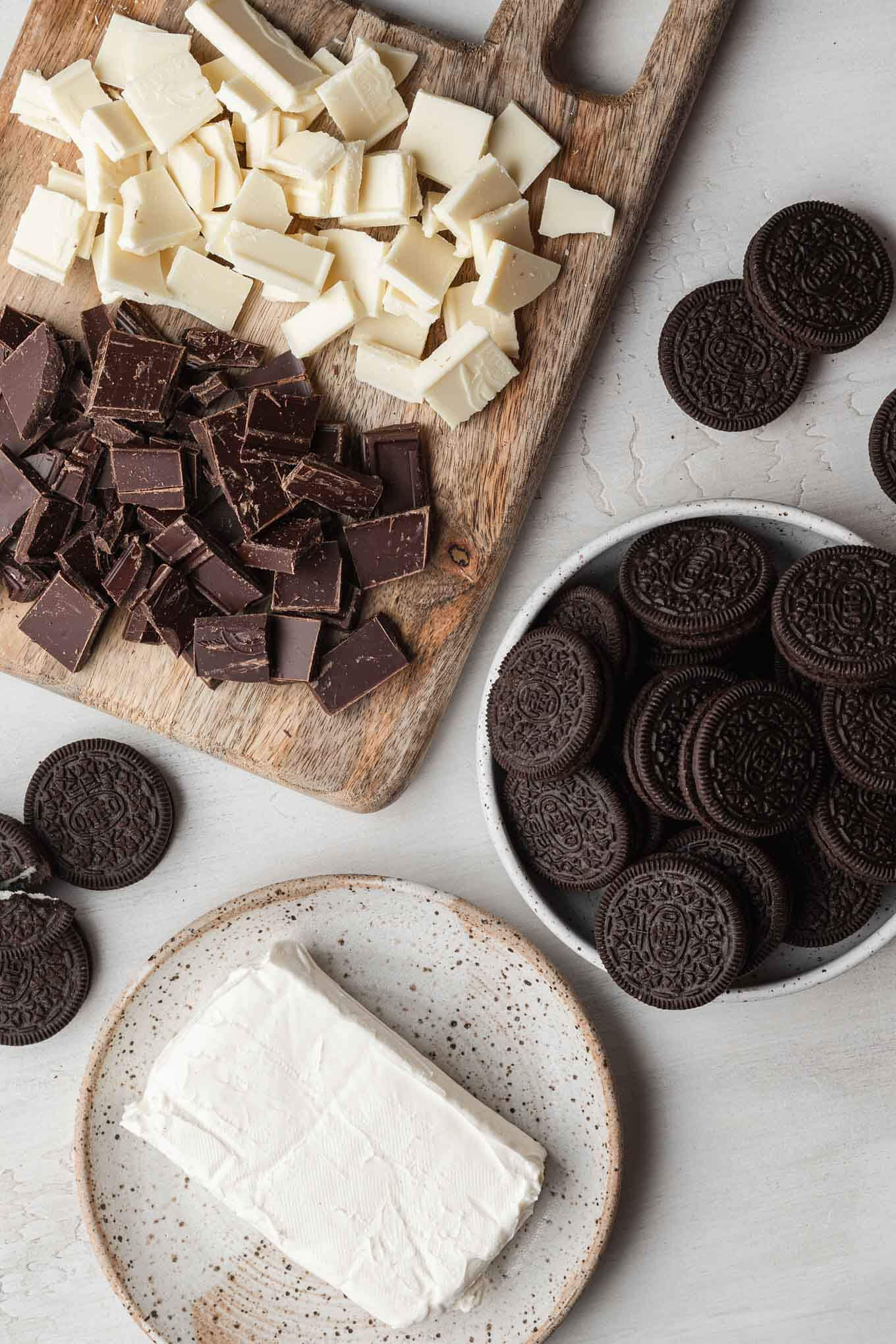 An overhead view of the ingredients needed to make Oreo cookie balls. 