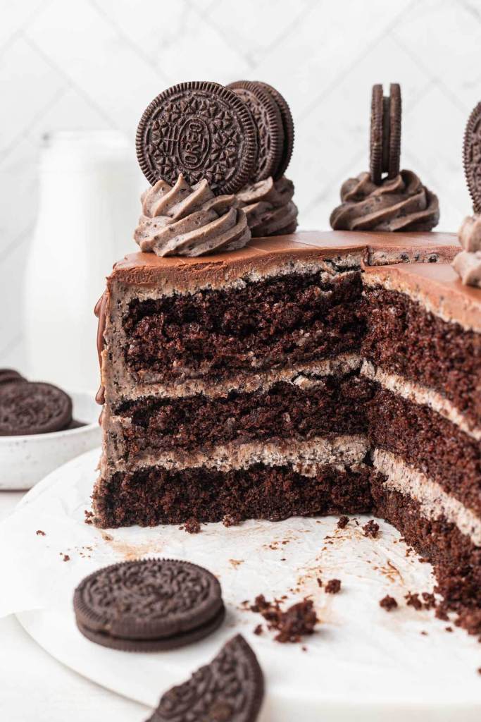 A triple layer Oreo cake, cut to show the inside. 